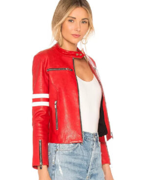 Julie Red Motorcycle Leather Jacket With White Stripes