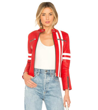 Julie Red Motorcycle Leather Jacket With White Stripes