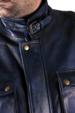 Mathew Blue Bomber Long Leather Jacket