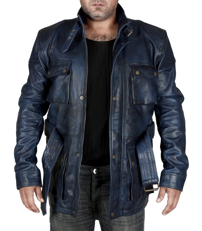 Mathew Blue Bomber Long Leather Jacket