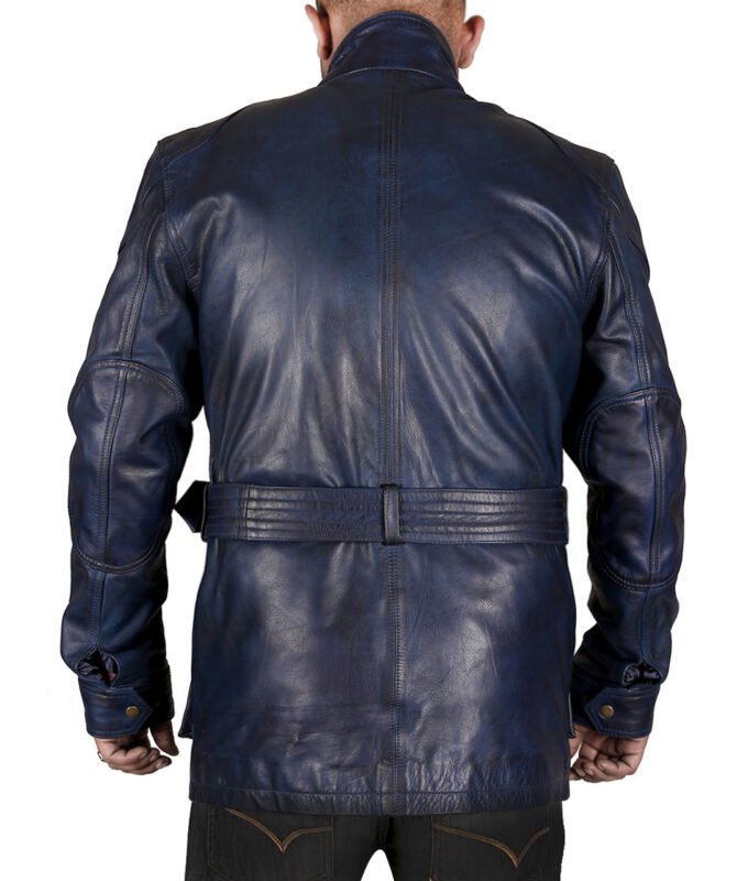 Mathew Blue Bomber Long Leather Jacket