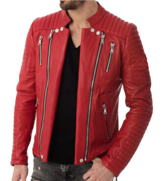 Men Vintage Red Quilted Leather Jacket