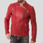 Men Vintage Red Quilted Leather Jacket