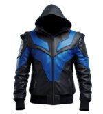 Men's Black And Blue Genuine Hooded Leather Jacket