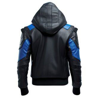 Men's Black And Blue Genuine Hooded Leather Jacket