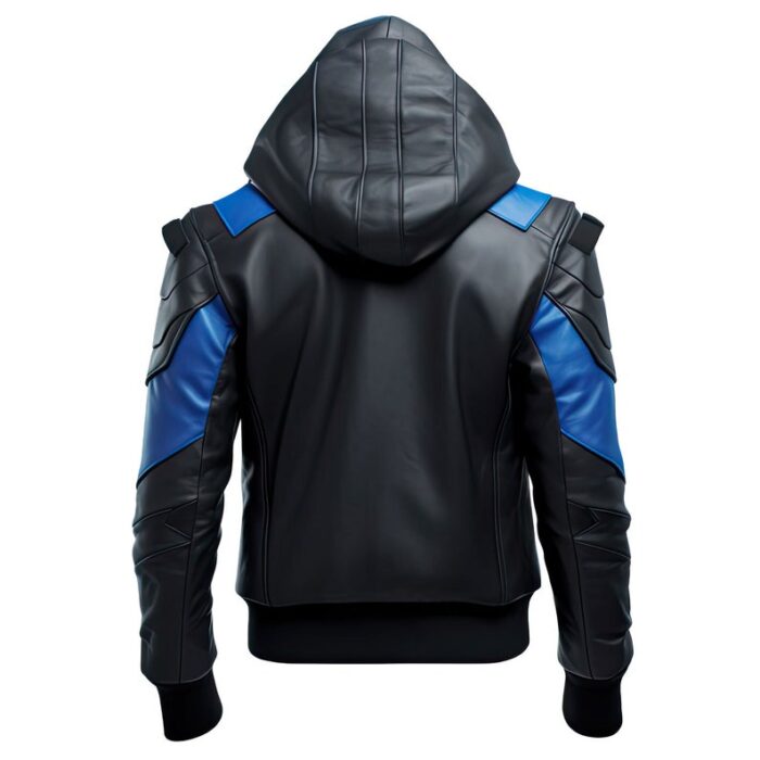 Men's Black And Blue Genuine Hooded Leather Jacket