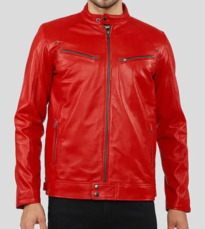 Mens Cafe Racer Red Leather Jacket