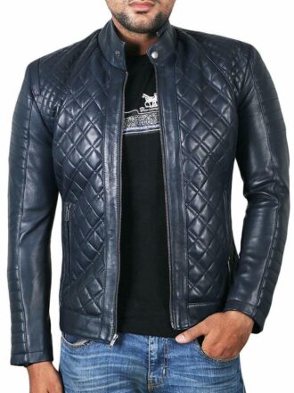 Mens Causal Blue Quilted Leather Jacket