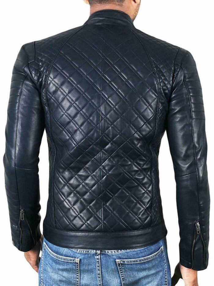 Mens Causal Blue Quilted Leather Jacket