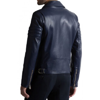 Mens Navy Blue Biker Leather Jacket