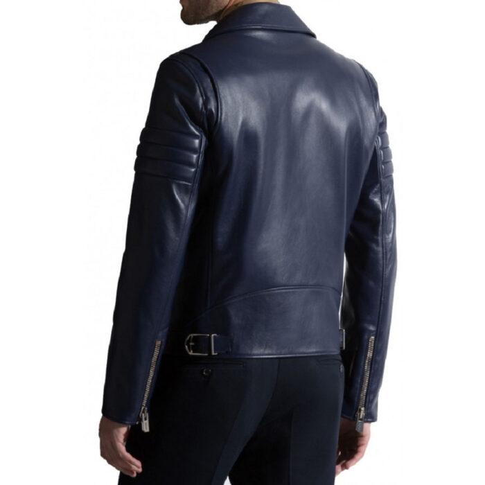 Mens Navy Blue Biker Leather Jacket