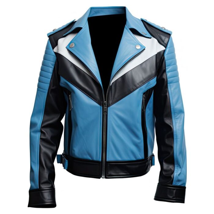 Mens Pastel Blue Biker Style Leather Jacket