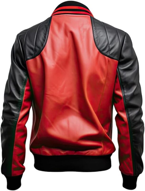 Mens Red and Black Varsity Bomber Leather Jacket