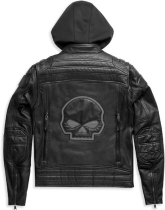 Mens Reflective Skull With Hood Real Leather Jacket