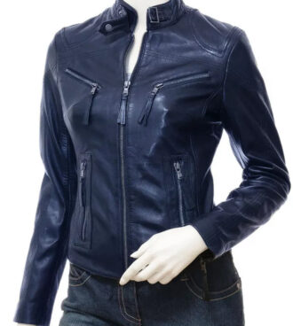 Nikki Lambskin Zippered Blue Leather Jacket