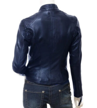 Nikki Lambskin Zippered Blue Leather Jacket