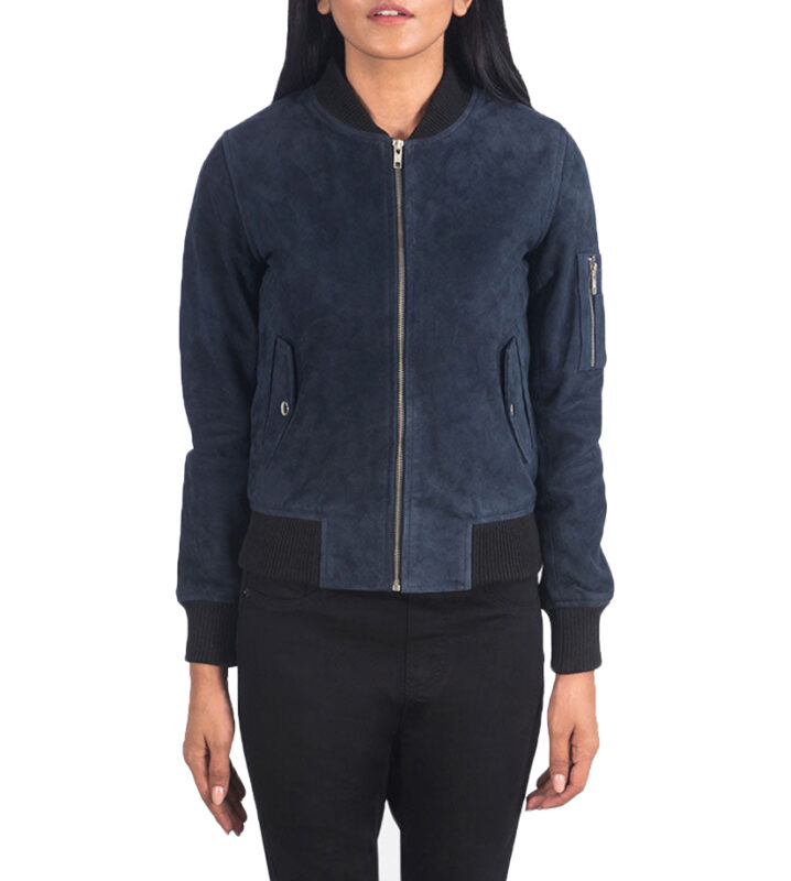 Olivia Blue Suede Bomber Leather Jacket