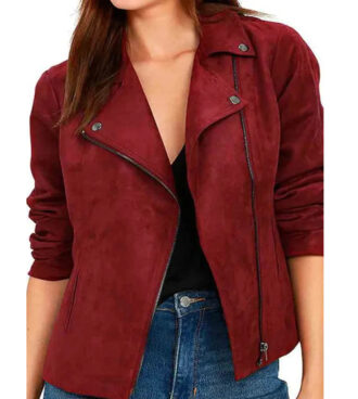 Rihanna Suede Red Biker Leather Jacket