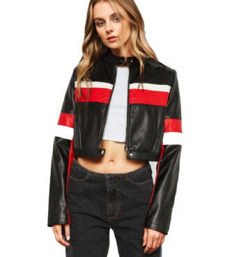 Velocity Racer Black Crop Moto Leather Jacket With Red And White Stripes