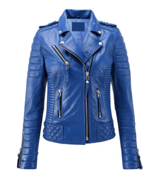 Women Biker Leather Jacket Royal Blue