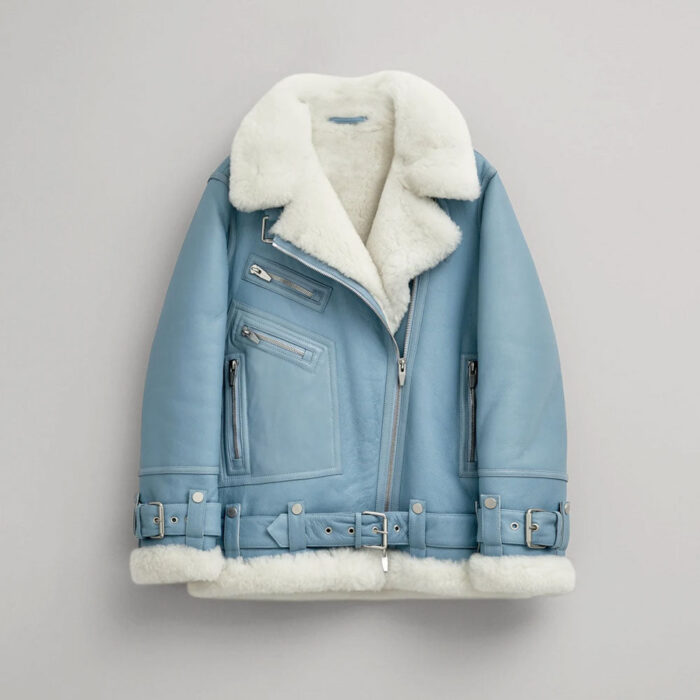 Women's Light Blue Aviator Shearling Leather Jacket