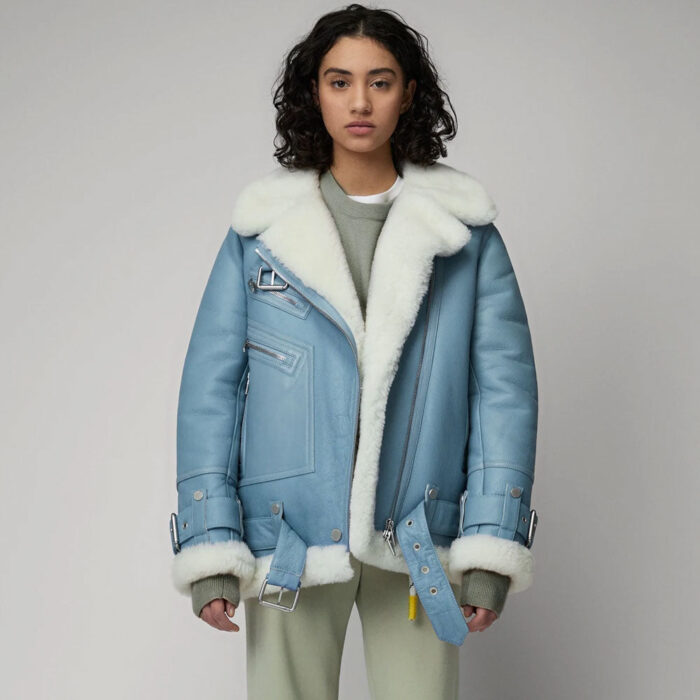 Women's Light Blue Aviator Shearling Leather Jacket