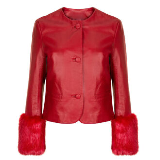 Women's Red Biker Leather Jacket With Faux Fur