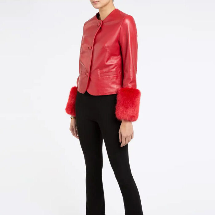 Women's Red Biker Leather Jacket With Faux Fur