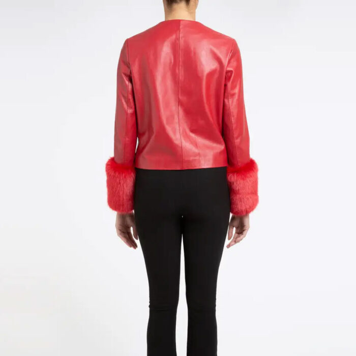 Women's Red Biker Leather Jacket With Faux Fur