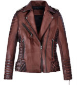 Carolyn Maroon Distressed Biker Leather Jacket