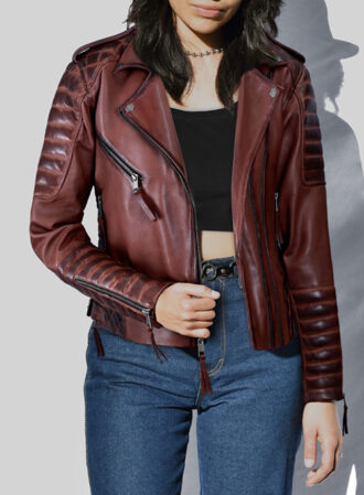 Carolyn Maroon Distressed Biker Leather Jacket