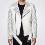 Chris Studded Moto White Leather Jacket