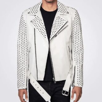 Chris Studded Moto White Leather Jacket