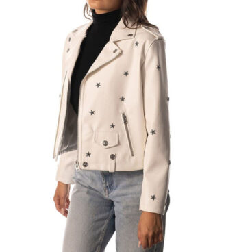 Luna Star Studded Biker White Leather Jacket