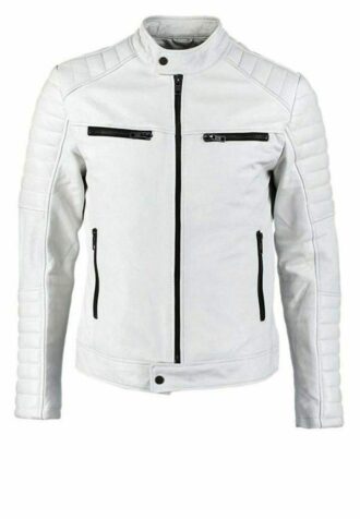 Make a statement with the Morgan Quilted Cafe Racer White Leather Jacket. Timeless design meets contemporary flair for versatile style.