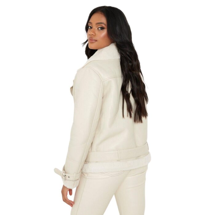 Rosyln Fur-Lined White Sherpa Leather Jacket