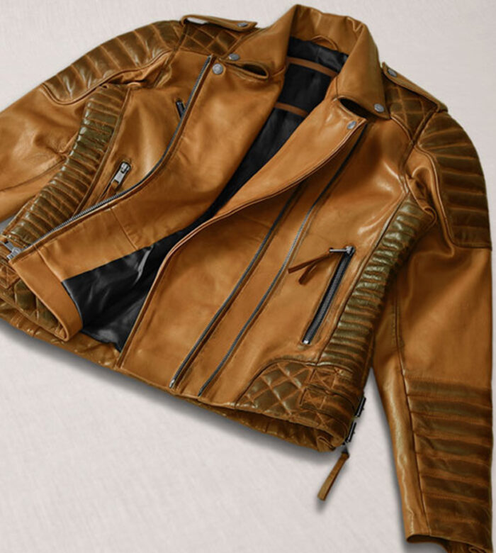 Savant Mustard Brown Distressed Biker Leather Jacket