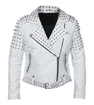 Vixen Biker Studded White Leather Jacket