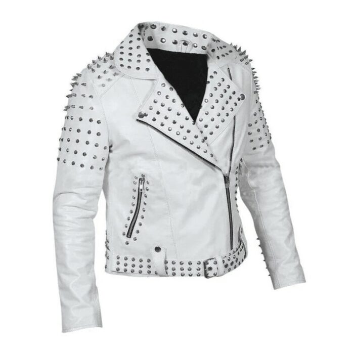 Vixen Biker Studded White Leather Jacket