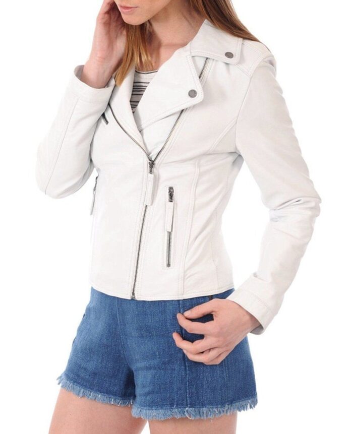 Zenna Biker White Leather Jacket