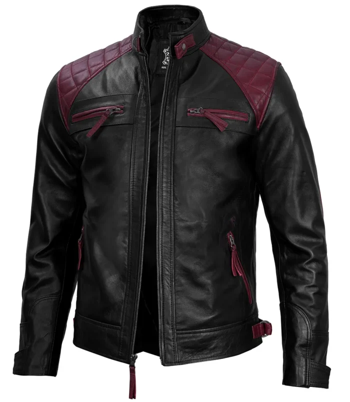 Henry Maroon And Black Biker Quilted Leather Jacket