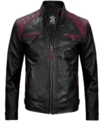 Henry Maroon And Black Biker Quilted Leather Jacket