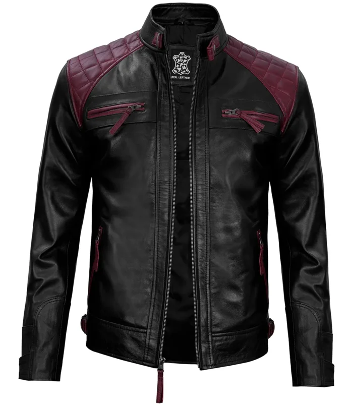 Henry Maroon And Black Biker Quilted Leather Jacket