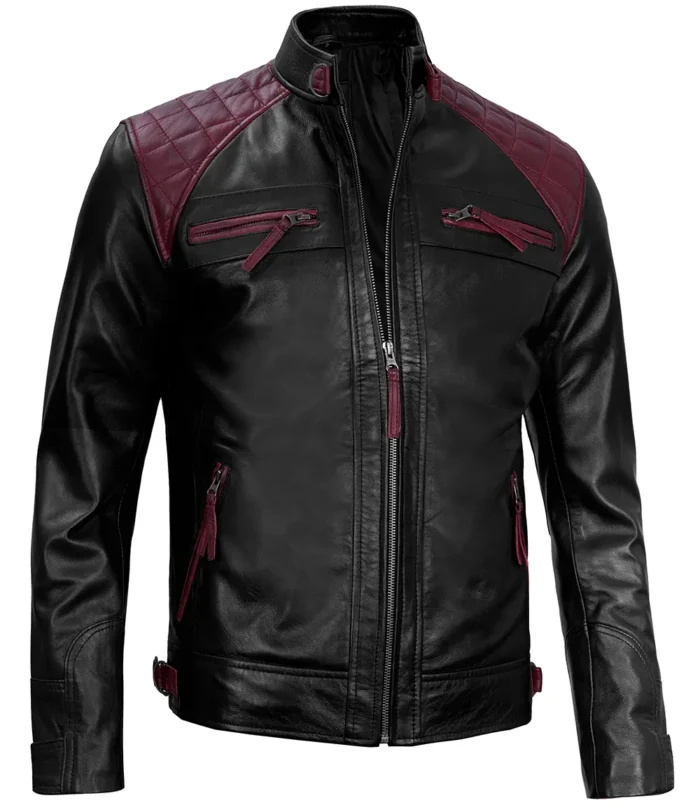 Henry Maroon And Black Biker Quilted Leather Jacket