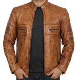 Ionic Tan Brown Distressed Biker Leather Jacket