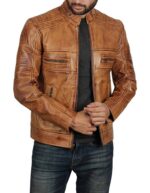 Ionic Tan Brown Distressed Biker Leather Jacket