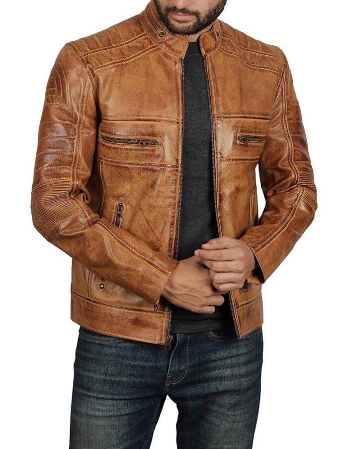 Ionic Tan Brown Distressed Biker Leather Jacket