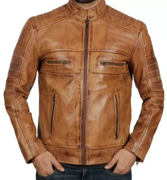 Ionic Tan Brown Distressed Biker Leather Jacket