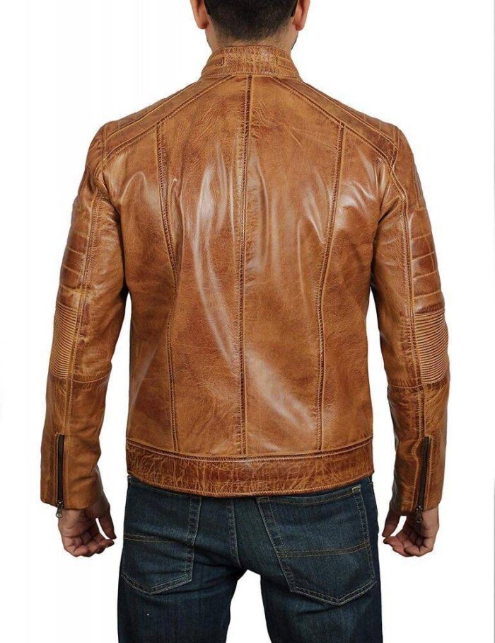 Ionic Tan Brown Distressed Biker Leather Jacket