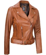 Isabella Asymmetrical Brown Moto Leather Jacket